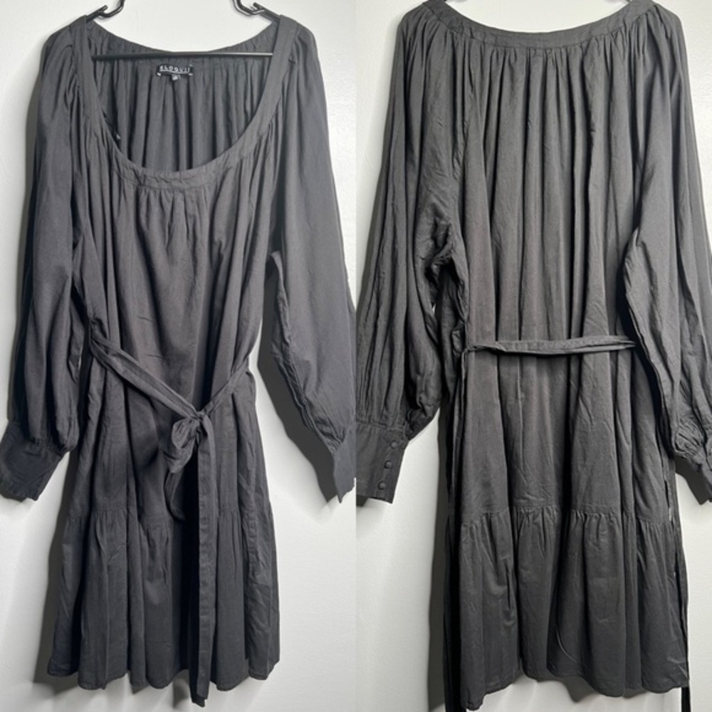 Eloquii Black Long Sleeve Round Neck Tiered Dress with Belt Plus Size 28